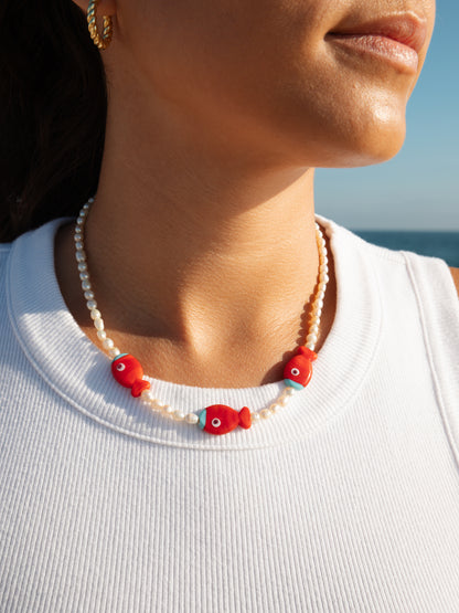 Red Fish/Blue Fish Pearl Necklace